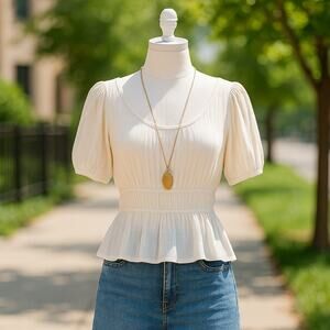 Slate & Willow White Smocked Peplum Top Puff Sleeve Rayon Scoop Neck Top Size M